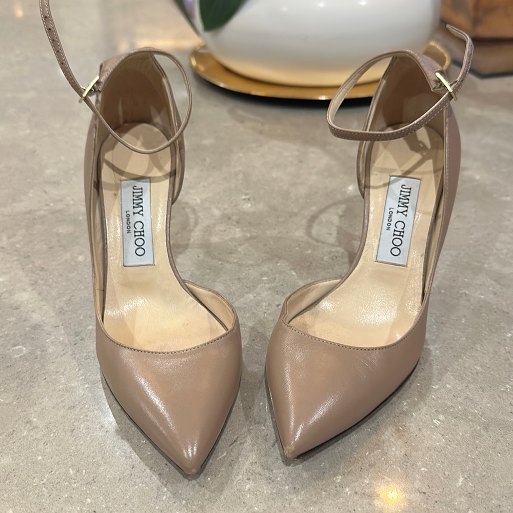 Jimmy Choo nude with ankle strap 4” heels.